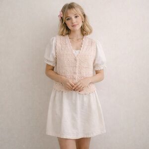 Vintage Women’s Pink Sweater Knit Beaded Vest Pointed Hem Grandma Size L Petite